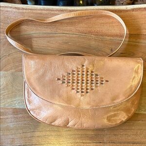 Vintage Tan Leather Crossbody Bag with woven detail